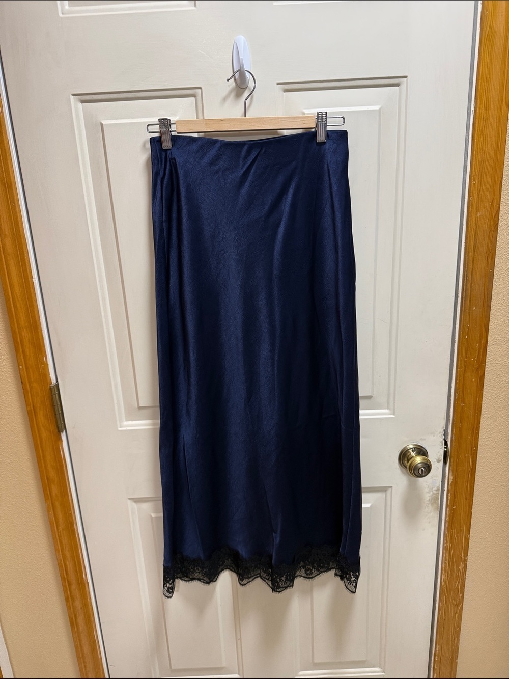 Dark Navy Blue Black Lace Trim Textured Comfy Elastic Waist Maxi Slip Skirt